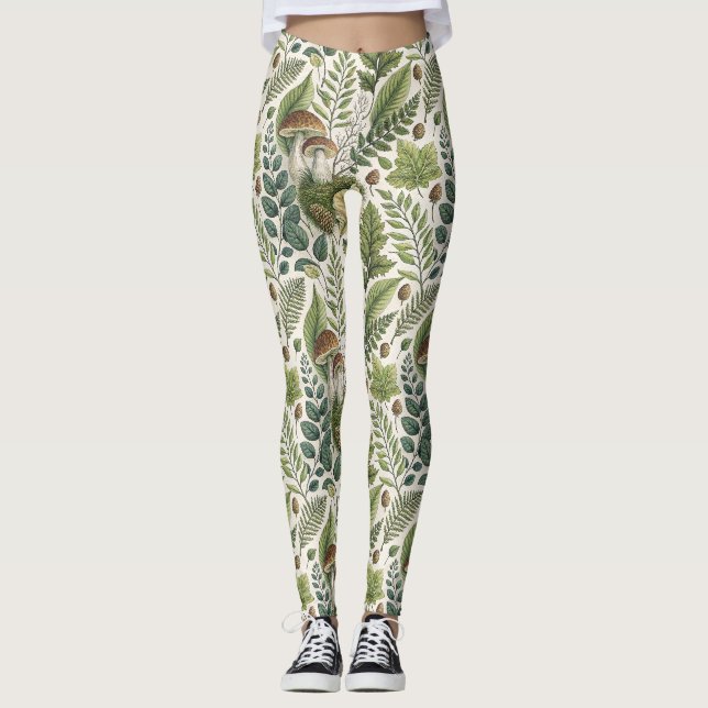 Waldland Pilze Pinecones Ferns Herbstmuster Leggings (Vorderseite)