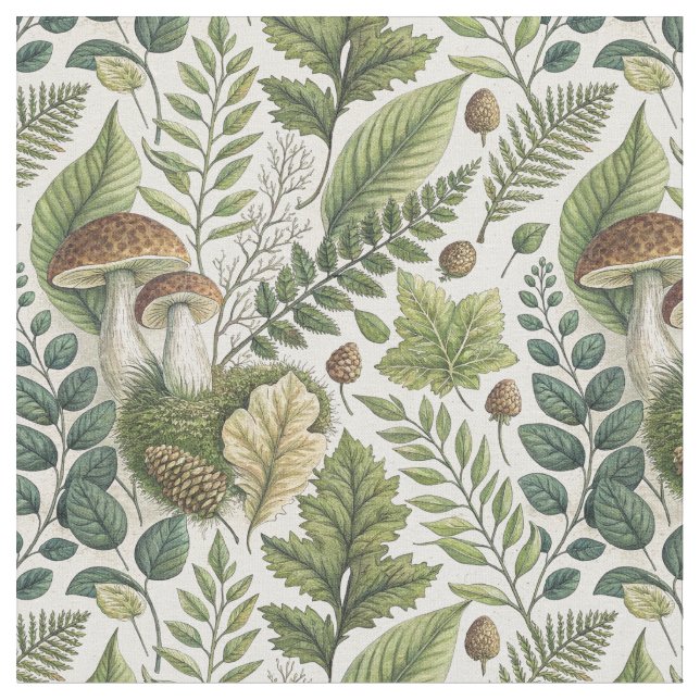 Waldland Pilze Pinecones Ferns Herbstmuster Stoff (Nahaufnahme)