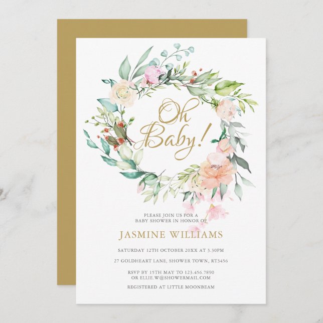 Waldland Rose Garland Kinderdusche / Sprinkle Einladung (Vorne/Hinten)