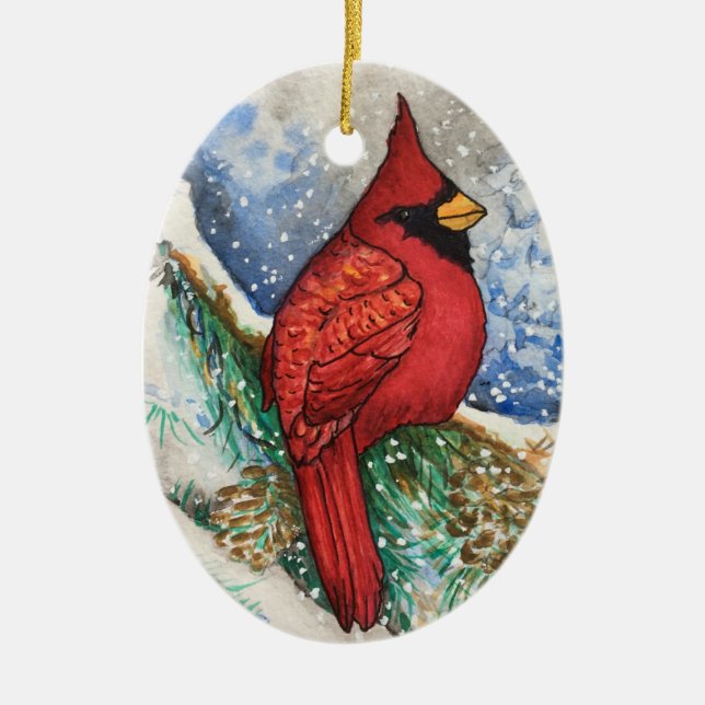 Waldland Roter Kardinal Weihnachtsbär Oval Ornamen Keramik Ornament (Vorne)