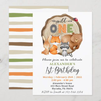 Waldland Wild ein Bärenfox Raccoon 1. Geburtstag Einladung