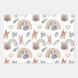 Waldlandgrün | Waldtiere und Regenbogen Geschenkpapier Set