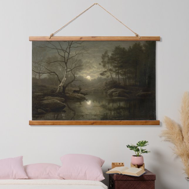 Waldlandschaft durch Mondlicht Wandteppich Mit Holzrahmen (Schlafzimmer)