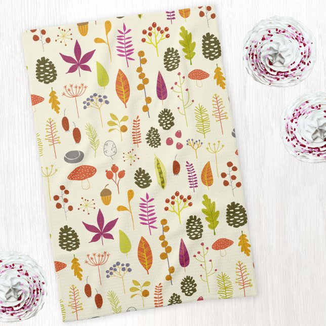 Waldlandschaft Geschirrtuch (Nature leaves, pine cones and berries pattern art kitchen tea towel)