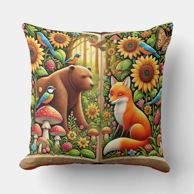 Waldlandschaft mit Bären, Fox, Sonnenblumen Kissen (Vorderseite)