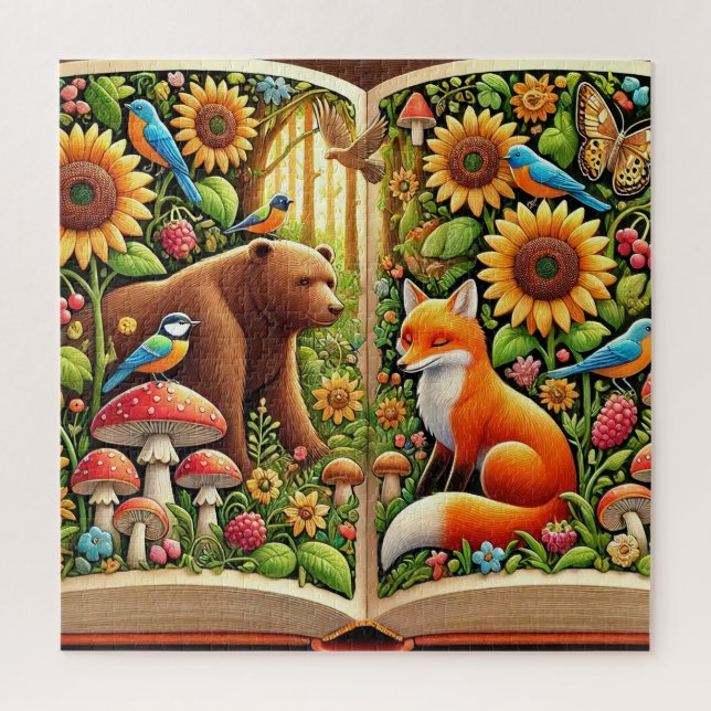 Waldlandschaft mit Bären, Fox, Sonnenblumen Puzzle (Vertikal)