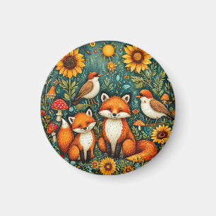 Waldlandschaft mit Füchse, Vögel, Sonnenblumen Magnet
