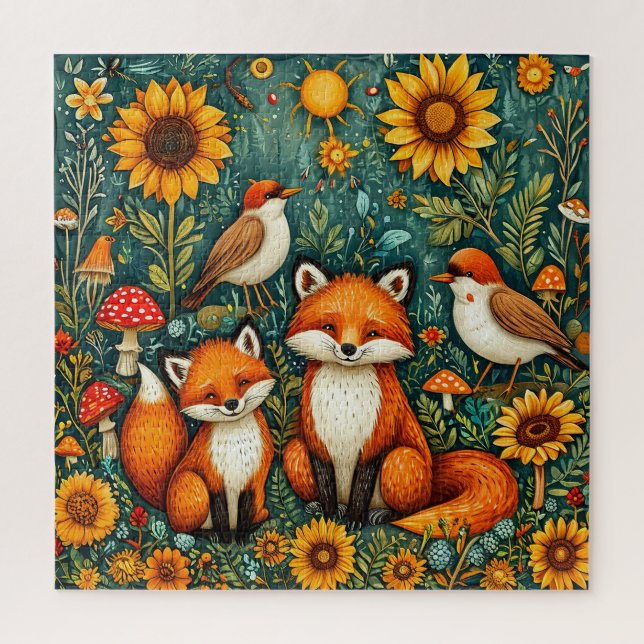 Waldlandschaft mit Füchse, Vögel, Sonnenblumen Puzzle (Vertikal)