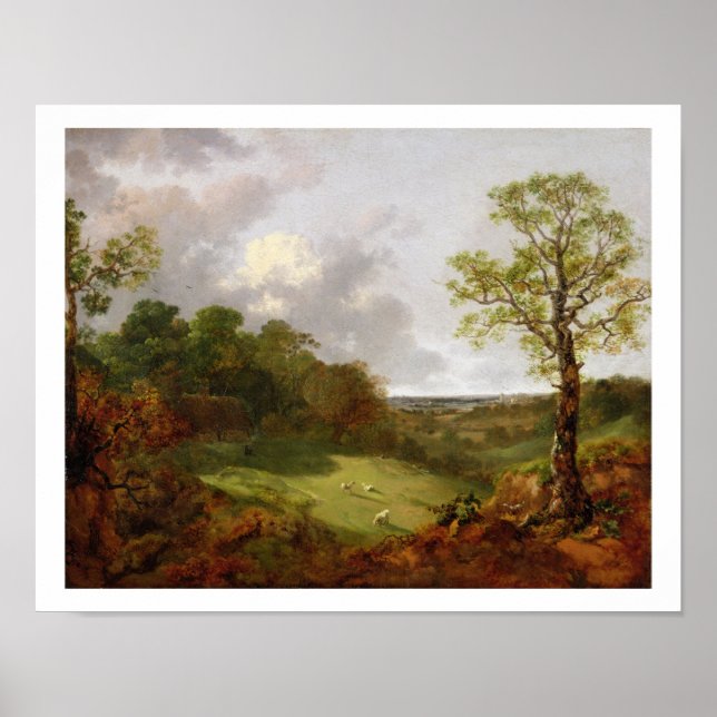 Waldlandschaft mit Hütte, Schafen und einem Recli Poster (Vorne)