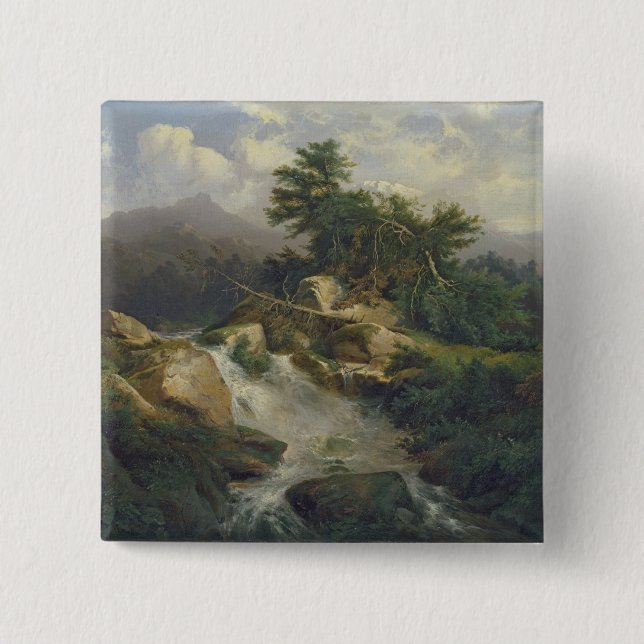 Waldlandschaft mit Wasserfall Button (Vorderseite)
