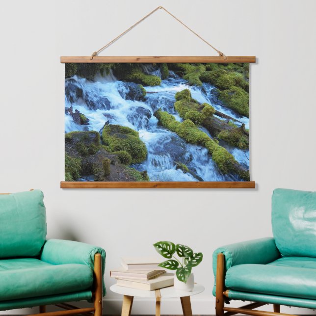 Waldlandschaft mit Wasserfall Wandteppich Mit Holzrahmen (Wohnzimmer)