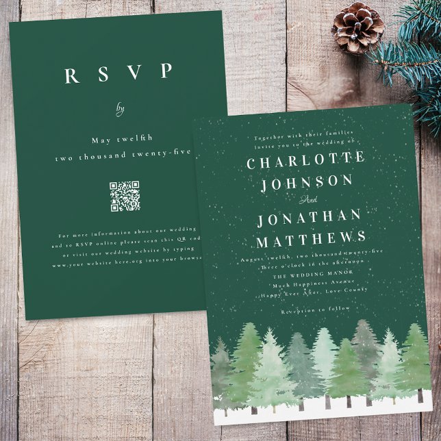 Waldlandschaft QR Code Grüne Winterhochzeit Einladung (Modern elegant watercolor Woodland forest green winter wedding qr code invitation)
