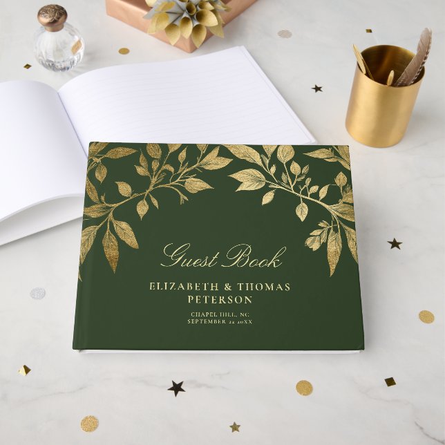 Waldlaub Botanische Elegante Skript Hochzeit Gästebuch (Vorderseite Offen)