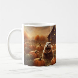 Waldmurmeltier steht auf einem Kürbisfeld bei Sonn Kaffeetasse