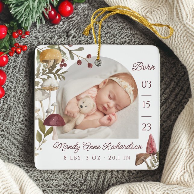 Waldmushrooms Baby Birth Stats Foto Keramikornament (Woodland Mushrooms Baby Birth Stats Photo Ceramic Ornament)
