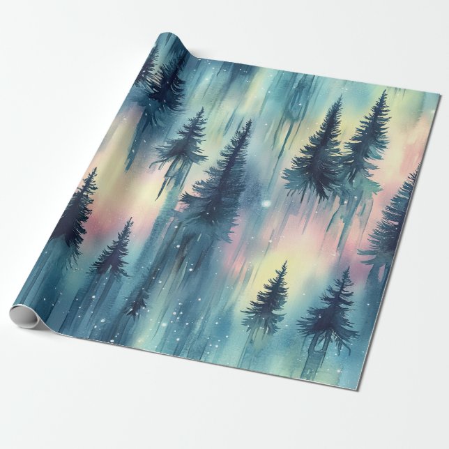 Waldmuster mit Nordlichtern Geschenkpapier (Ungerollt)