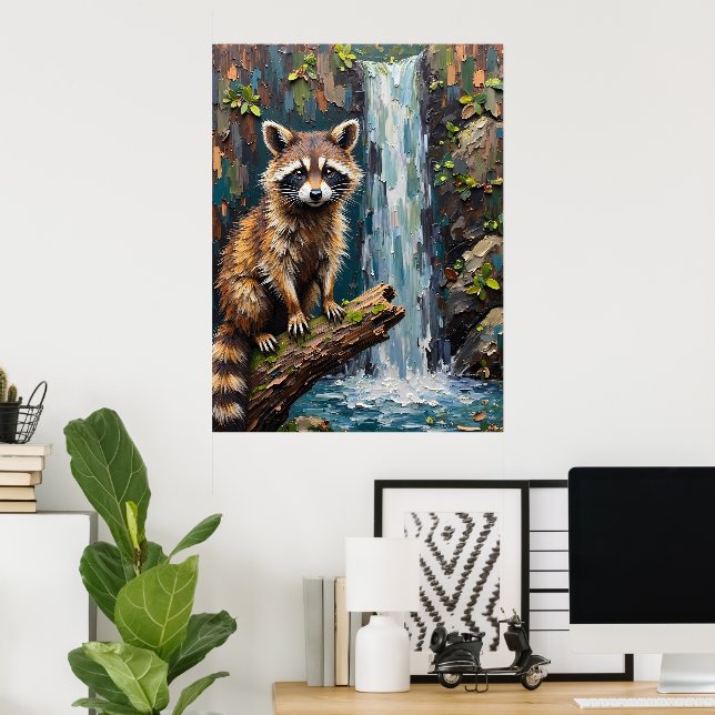 Waldnähe: Raccoon bei den Wasserfällen Poster (Heimbüro)