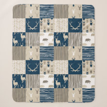 Waldpatchwork Sherpa Blanket in Marine und Tan