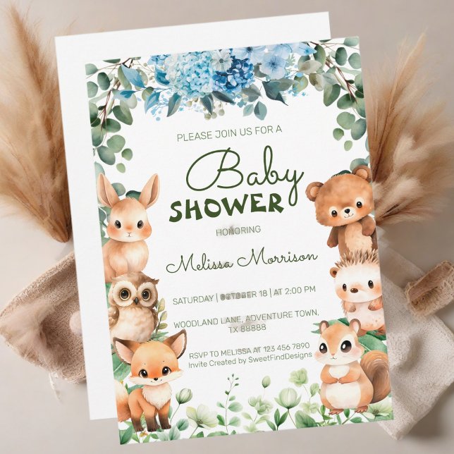Waldpflanzenwälder Tierschaum Einladung (Woodland Floral Greenery Forest Animal Baby Shower Invitation)