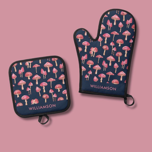 Waldpilz pinkblau ofenhandschuh & Topflappen-Set (Pink mushroom personalized oven glove mitt and pot holder.)