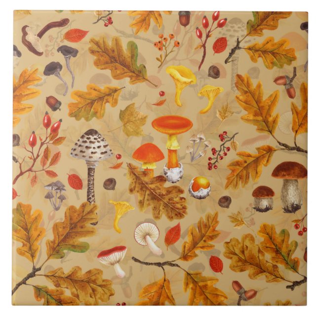 Waldpilze und Herbstflora auf Ocker Fliese (Vorderseite)