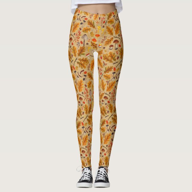 Waldpilze und Herbstflora auf Ocker Leggings (Vorderseite)