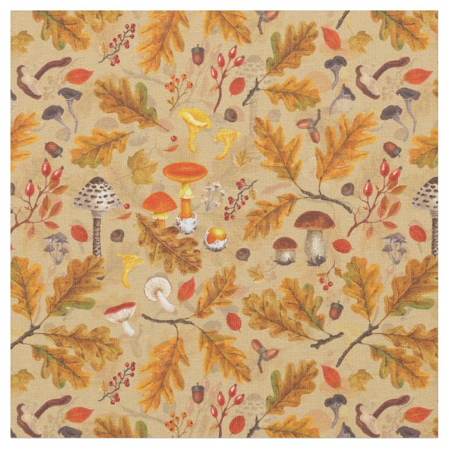 Waldpilze und Herbstflora auf Ocker Stoff (Nahaufnahme)