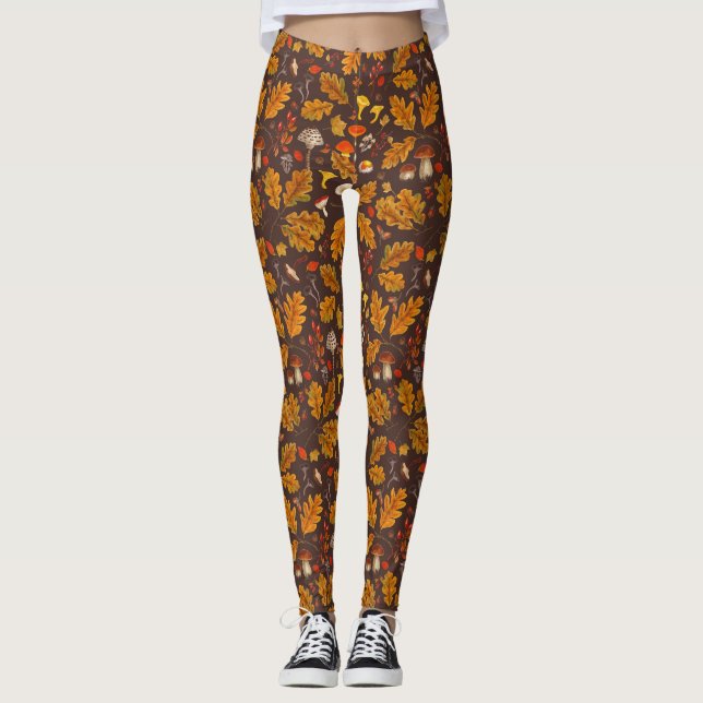 Waldpilze und Herbstflora in Braun Leggings (Vorderseite)