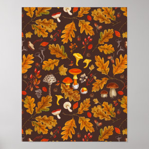 Waldpilze und Herbstflora in Braun Poster