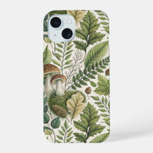 Waldpilze Zapfen Farne Herbstmuster iPhone 15 Hülle