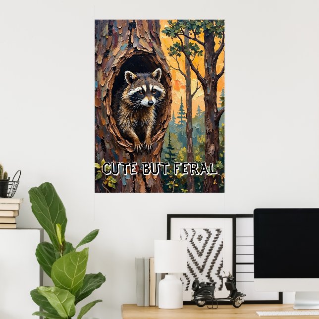 Waldportrait: Raccoon im Vogelnest Poster (Heimbüro)
