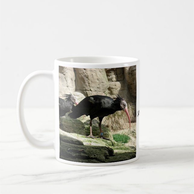 Waldrapp IBIS Schwarzes mit Federn versehene Kaffeetasse (Links)