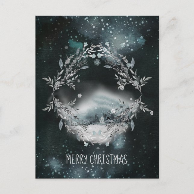 Waldschneefall im stillen nächtlichen Weihnachtsle Feiertagspostkarte (Vorderseite)