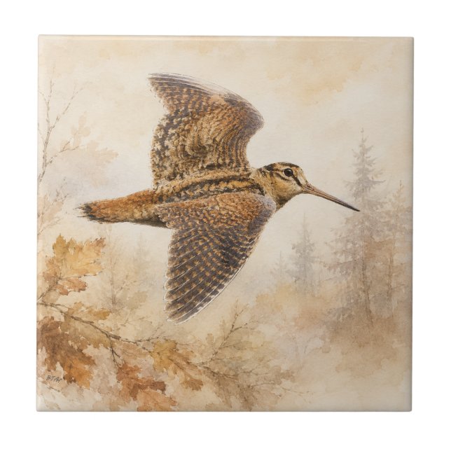 Waldschnepfe im Flug, Herbstwald-Naturkunst Fliese (Vorderseite)