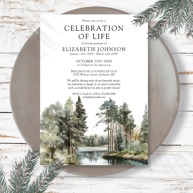 Waldsee-Feier des Lebens Bestattung Einladung (Woodland Forest Lake Celebration Of Life Funeral Invitation)