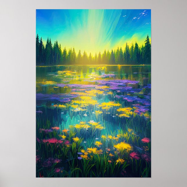 Waldsee im Blanket der farbenfrohen Lilien Poster (Vorne)