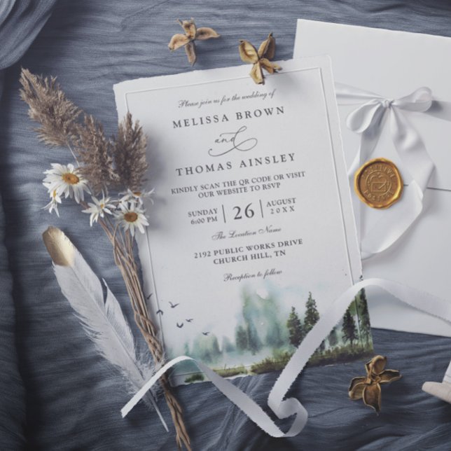 Waldsee-Wald-Wasserfarben-QR-Code-Hochzeit Einladung (Von Creator hochgeladen)