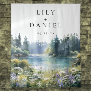 Waldsee-Wildblumen-Hochzeitsfoto-Hintergrund Wandteppich