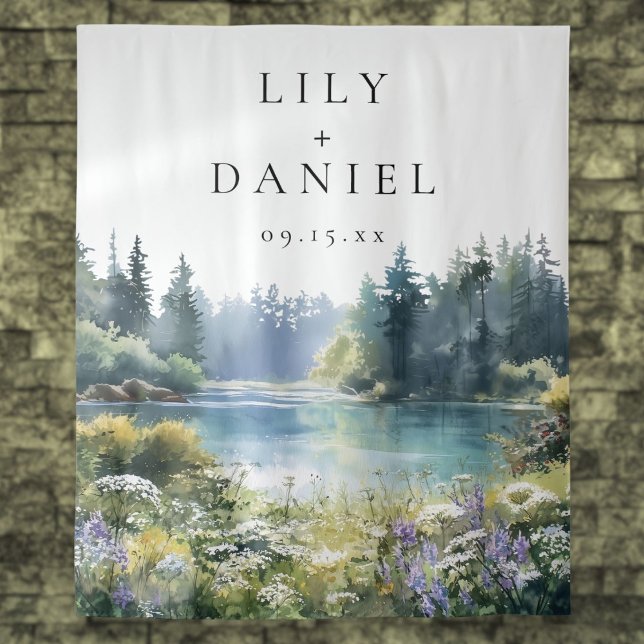 Waldsee-Wildblumen-Hochzeitsfoto-Hintergrund Wandteppich (Forest Lakeside Wildflowers Wedding Photo Backdrop)
