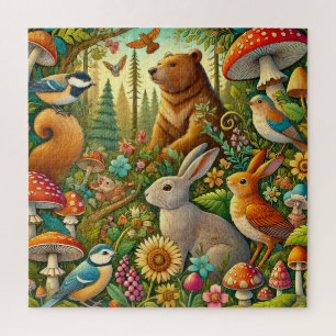 Waldszene mit niedlichen Tieren Puzzle