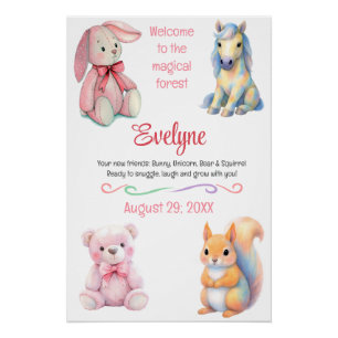 Waldtier-Freunde Wasserfarben-Geburtsdetails Poster