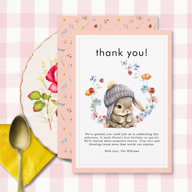 Waldtier Hase Botanisch 1. Geburtstag  Dankeskarte (Forest Animal Bunny Botanical 1st Birthday Thank You Card 2)