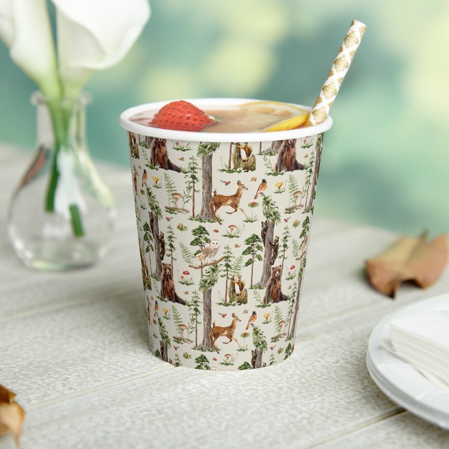 Waldtier-Wald-Wild-Pattern-Babyparty  Pappbecher (forest baby shower woodland wild animals wildlife wilderness botanical  rustic green plants nature)