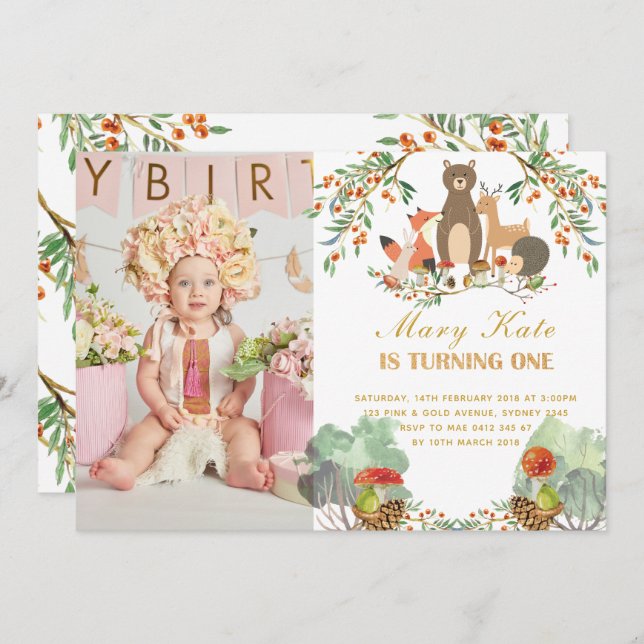 Waldtiere 1. Geburtstag Einladung (Vorne/Hinten)