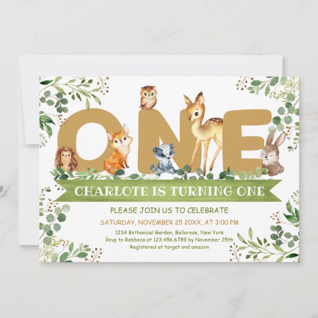Waldtiere 1 Grüne Junge Geburtstag Einladung (Vorderseite)