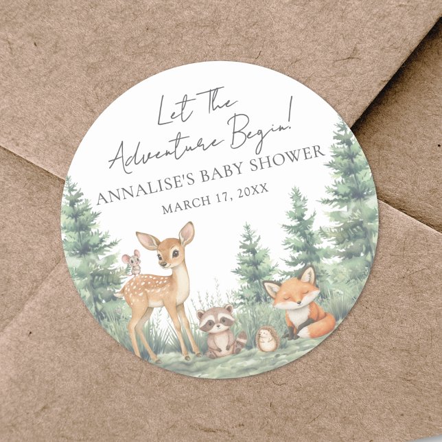 Waldtiere Abenteuer Kinderdusche Runder Aufkleber (Woodland Forest Animals Adventure Baby Shower Classic Round Sticker )