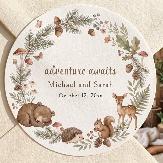 Waldtiere-Abenteuer wartet Fuchsstamm Runder Aufkleber (Woodland Animals Adventure Awaits Fox Log Classic Round Sticker)