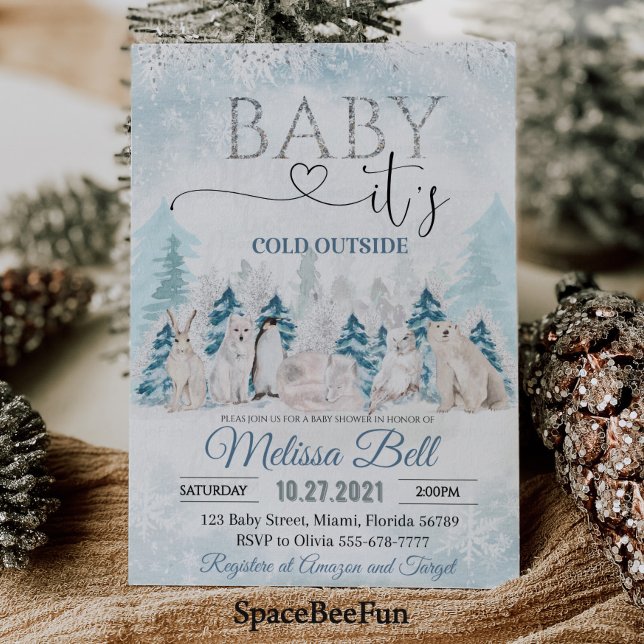 Waldtiere Arktische Tiere Winter Babydusche Einladung (Woodland animal Arctic animals Winter baby shower invitation Baby it's cold outside )