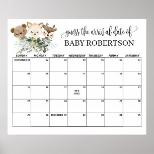 Waldtiere Baby Shower Datum-Schätz-Kalender Poster