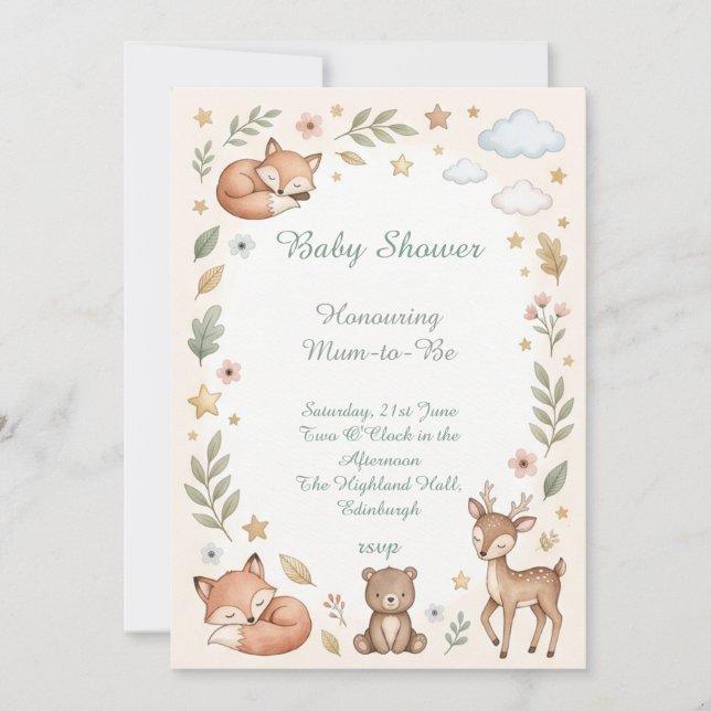 Waldtiere Baby Shower Einladung (Vorderseite)
